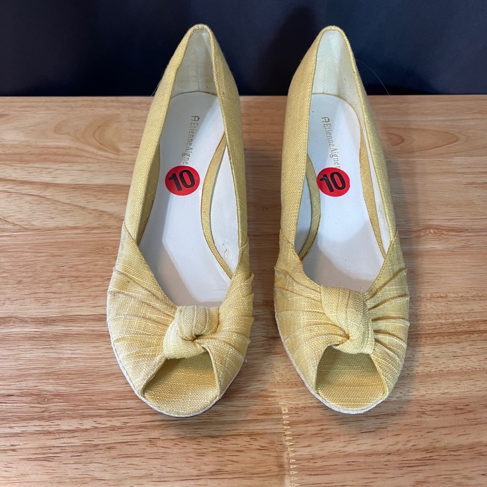 Etienne Aigner Womens Yellow Linen Peep Toe Wedge Heels Size 10